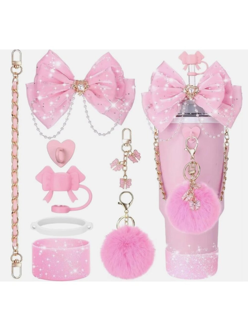 Pink Stanley Cup Accessories Set 40oz 30oz Bow Charm Bow Straw Topper